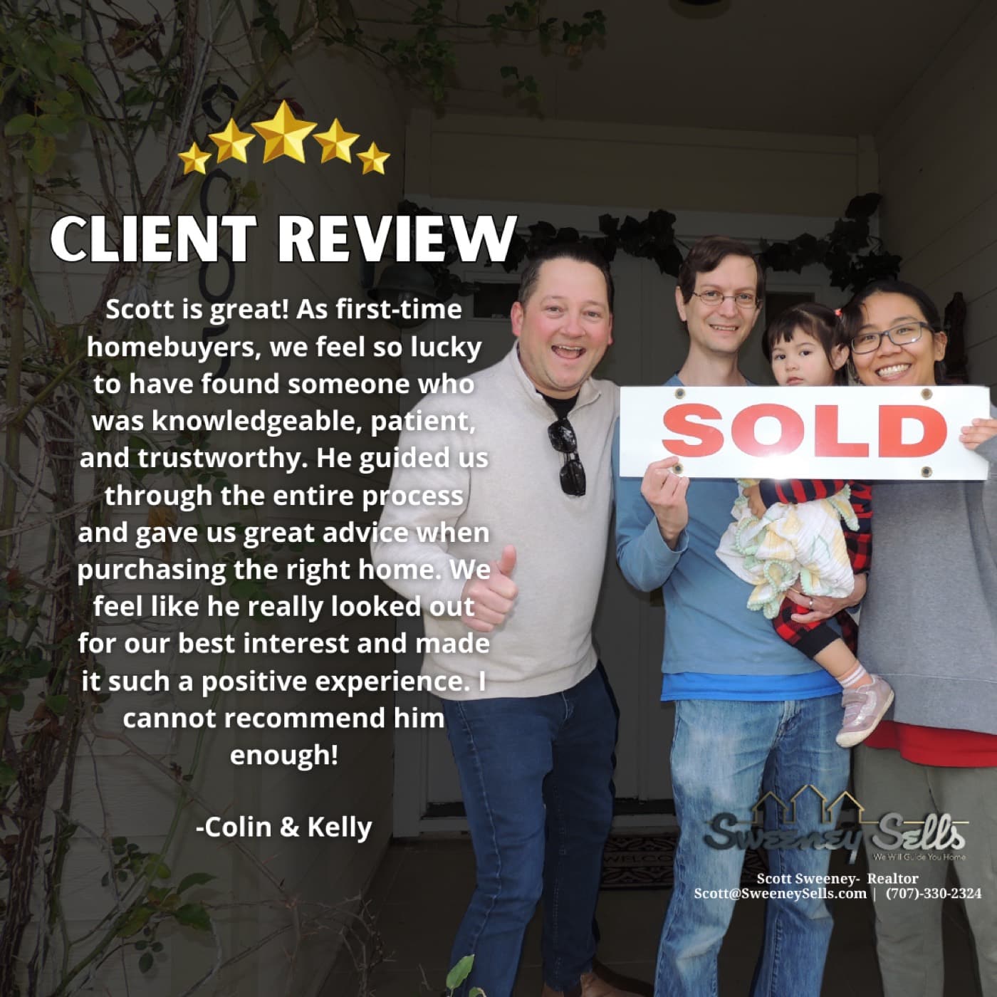 Family of four celebrating with a SOLD sign in their new driveway