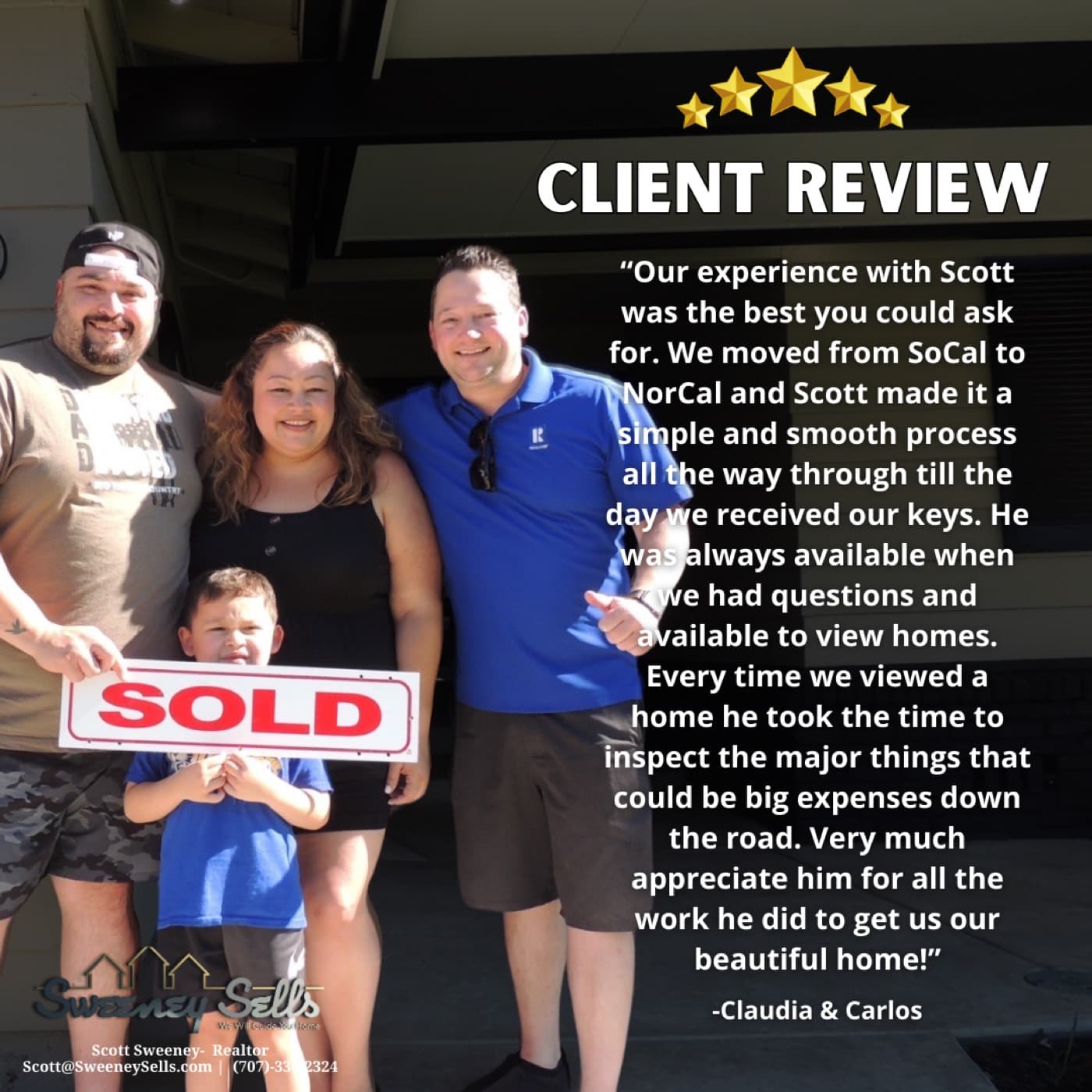 Three happy clients holding a red SOLD sign in front of a brick home